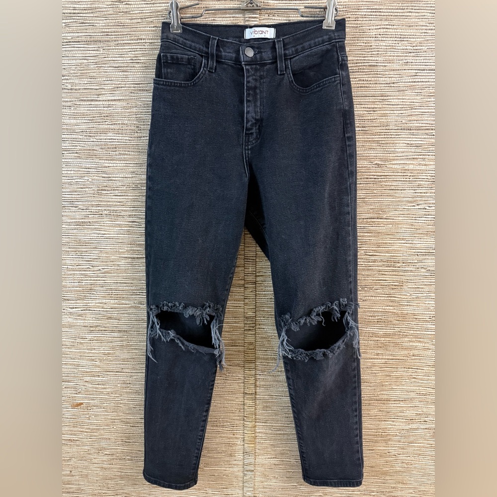 Vibrant MIU Mom Ankle Crop Jeans Distressed Open Knee Black Faded Size 26